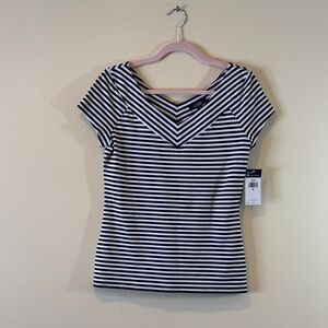 Navy & White Striped V-Neck Short Sleeve Top